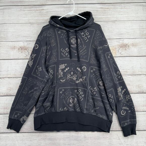 Lucky Brand Patchwork logo Hoodie Sweatshirt Mens Large Gray Black - Picture 1 of 12